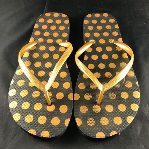 Black and Gold Rubber Flip Flops Polka Dots Size 9 to 10 US Womens - Picture 4 of 4